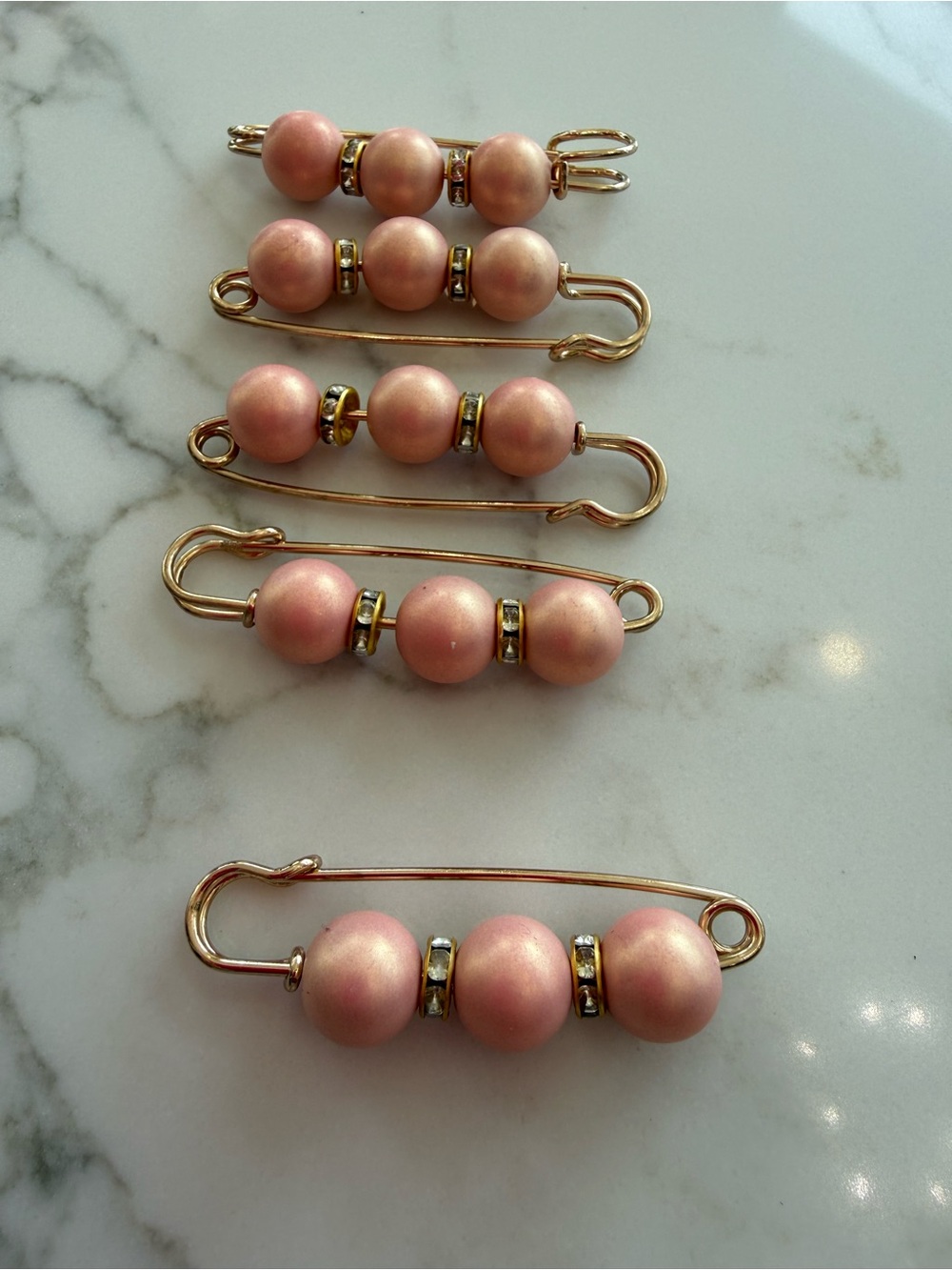 Handmade Gold Tone Brooch Pin with Pink Pearl Beads